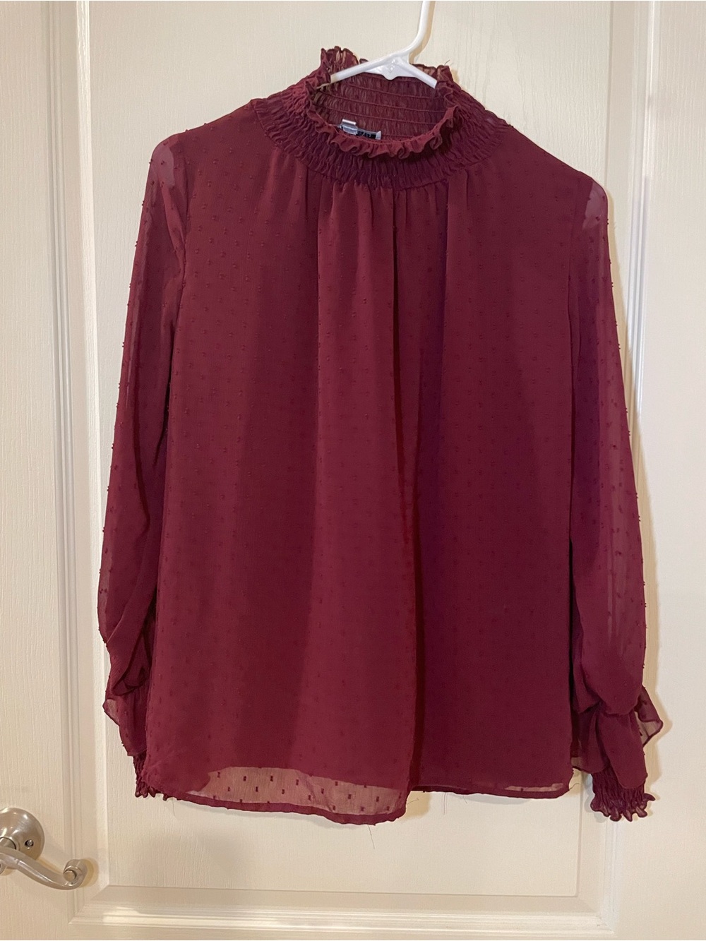 Darling Burgundy Smocked Neck Sheer Dot Blouse